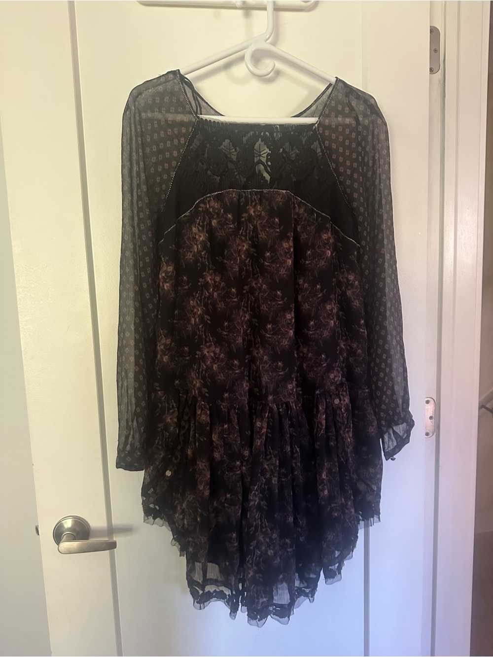 Free People Bohemian Tiered Long-Sleeve Mini Dress - Black and Brown